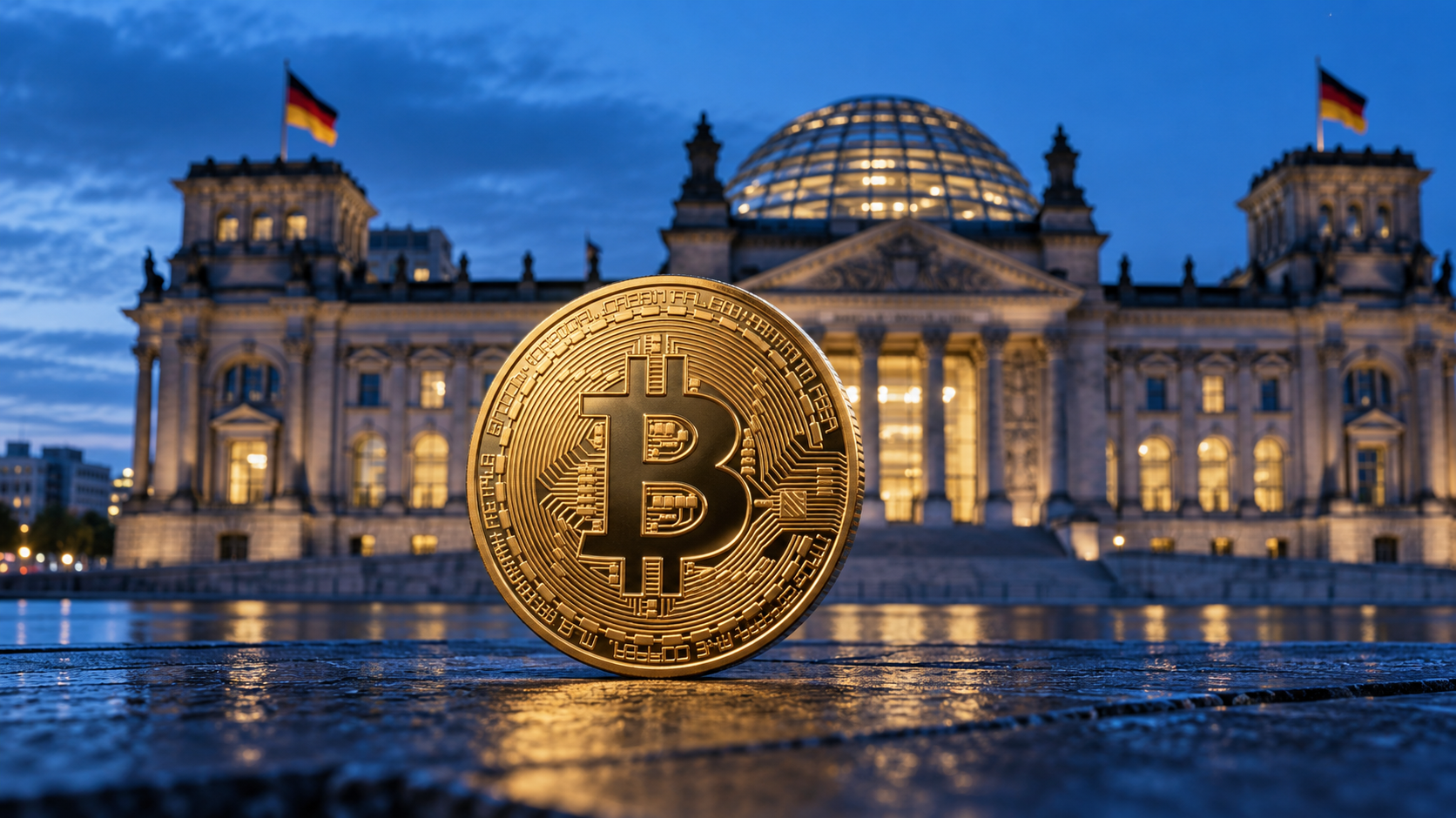 Goldene Bitcoin-Münze vor dem beleuchteten Reichstagsgebäude in Berlin zur blauen Stunde.