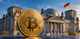 Goldene Bitcoin-Münze vor dem Reichstagsgebäude mit deutscher Flagge als Symbol für die Debatte um die Krypto-Haltefrist.