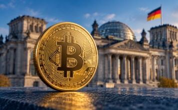 Goldene Bitcoin-Münze vor dem Reichstagsgebäude mit deutscher Flagge als Symbol für die Debatte um die Krypto-Haltefrist.
