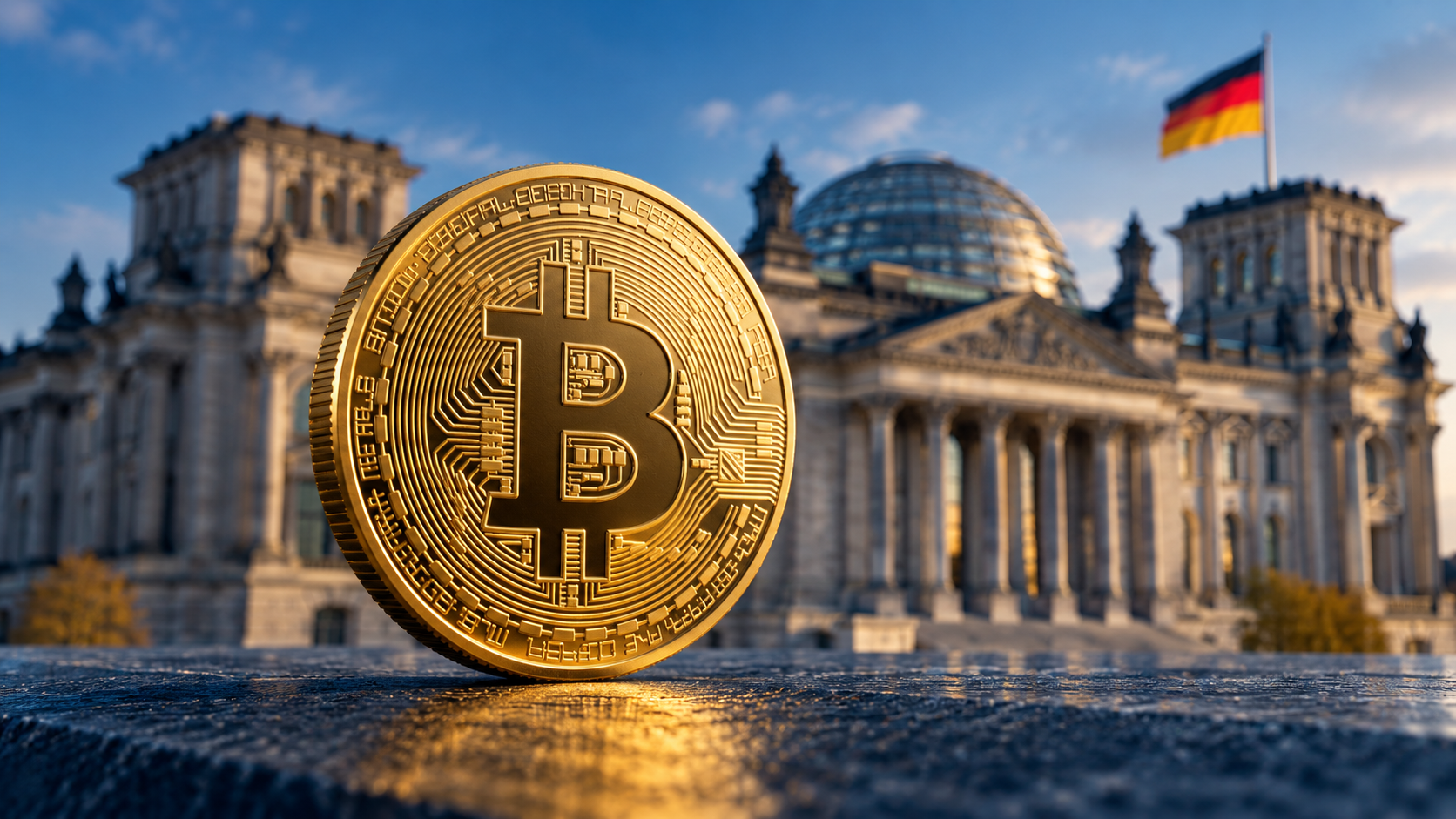 Goldene Bitcoin-Münze vor dem Reichstagsgebäude mit deutscher Flagge als Symbol für die Debatte um die Krypto-Haltefrist.