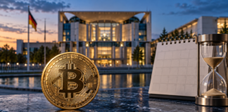 Goldene Bitcoin-Münze neben Kalender und Sanduhr vor dem Bundeskanzleramt in Berlin.