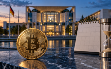 Goldene Bitcoin-Münze neben Kalender und Sanduhr vor dem Bundeskanzleramt in Berlin.