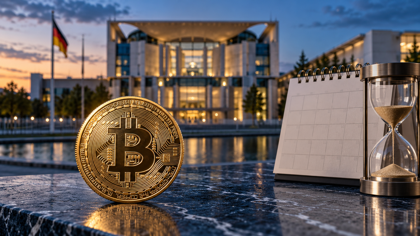 Goldene Bitcoin-Münze neben Kalender und Sanduhr vor dem Bundeskanzleramt in Berlin.