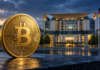 Krypto-Haltefrist: Gesetz verzögert – droht rückwirkende Steuer? Goldene Bitcoin-Münze vor dem unscharfen Bundeskanzleramt in Berlin.