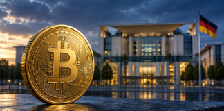 Goldene Bitcoin-Münze vor dem unscharfen Bundeskanzleramt in Berlin.