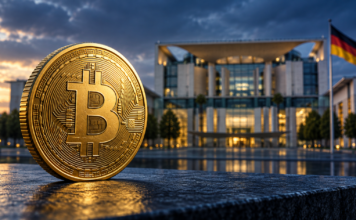 Goldene Bitcoin-Münze vor dem unscharfen Bundeskanzleramt in Berlin.