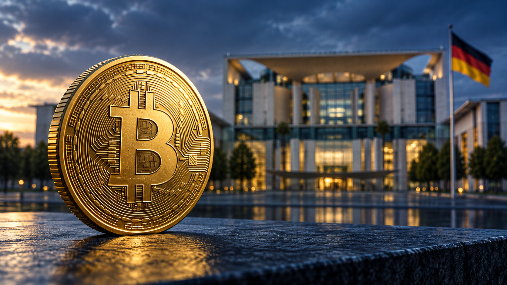 Goldene Bitcoin-Münze vor dem unscharfen Bundeskanzleramt in Berlin.
