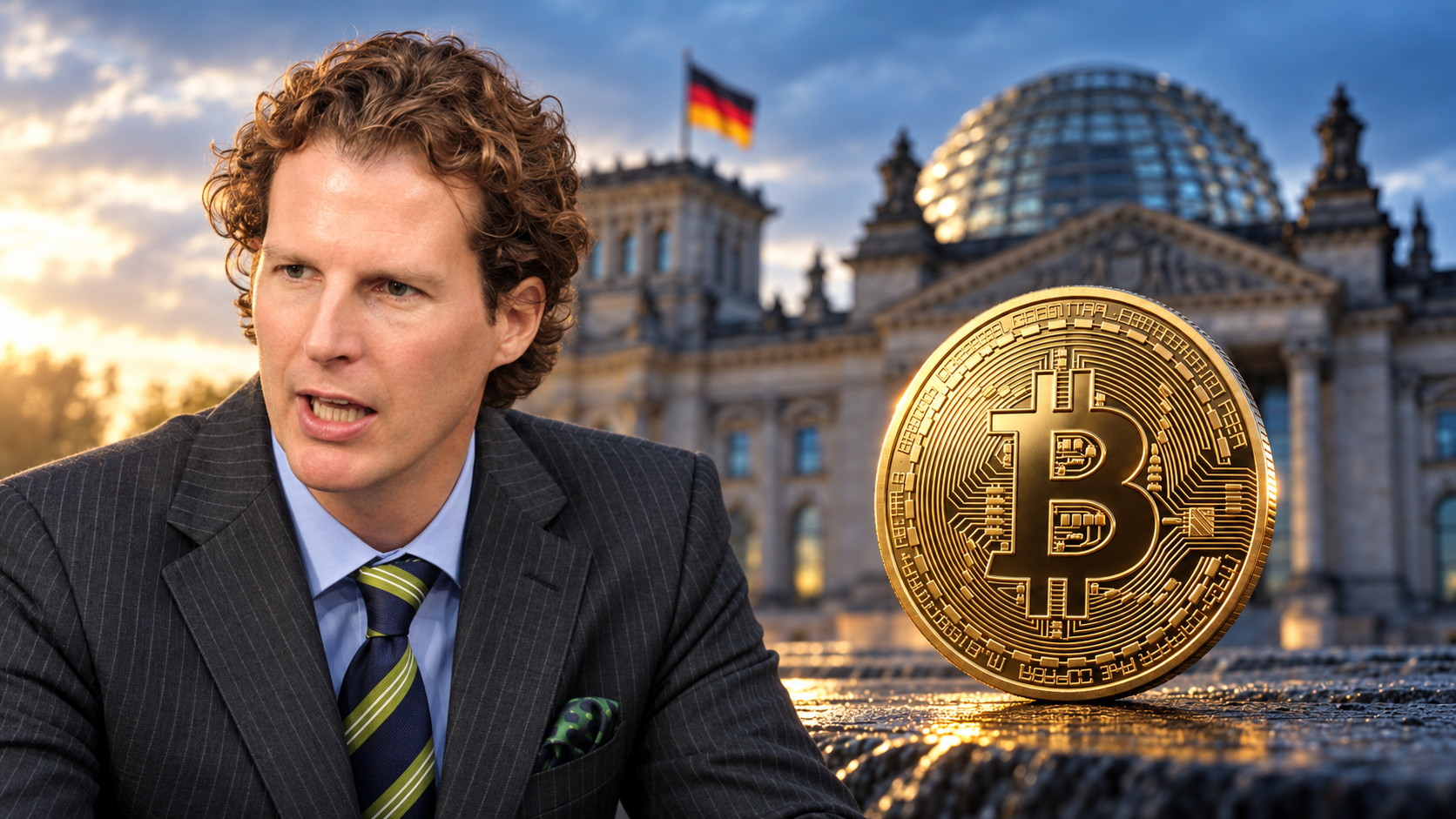 Olav Gutting neben einer goldenen Bitcoin-Münze vor dem Reichstagsgebäude.