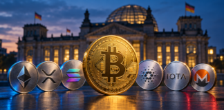 Goldene Bitcoin-Münze neben Ethereum, XRP, Solana, Cardano, IOTA und Monero vor dem Reichstagsgebäude.