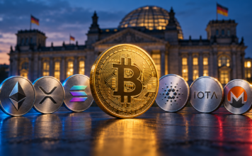 Goldene Bitcoin-Münze neben Ethereum, XRP, Solana, Cardano, IOTA und Monero vor dem Reichstagsgebäude.