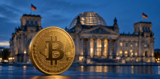Goldene Bitcoin-Münze vor dem Reichstagsgebäude in Berlin bei Abendlicht.