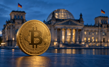 Goldene Bitcoin-Münze vor dem Reichstagsgebäude in Berlin bei Abendlicht.