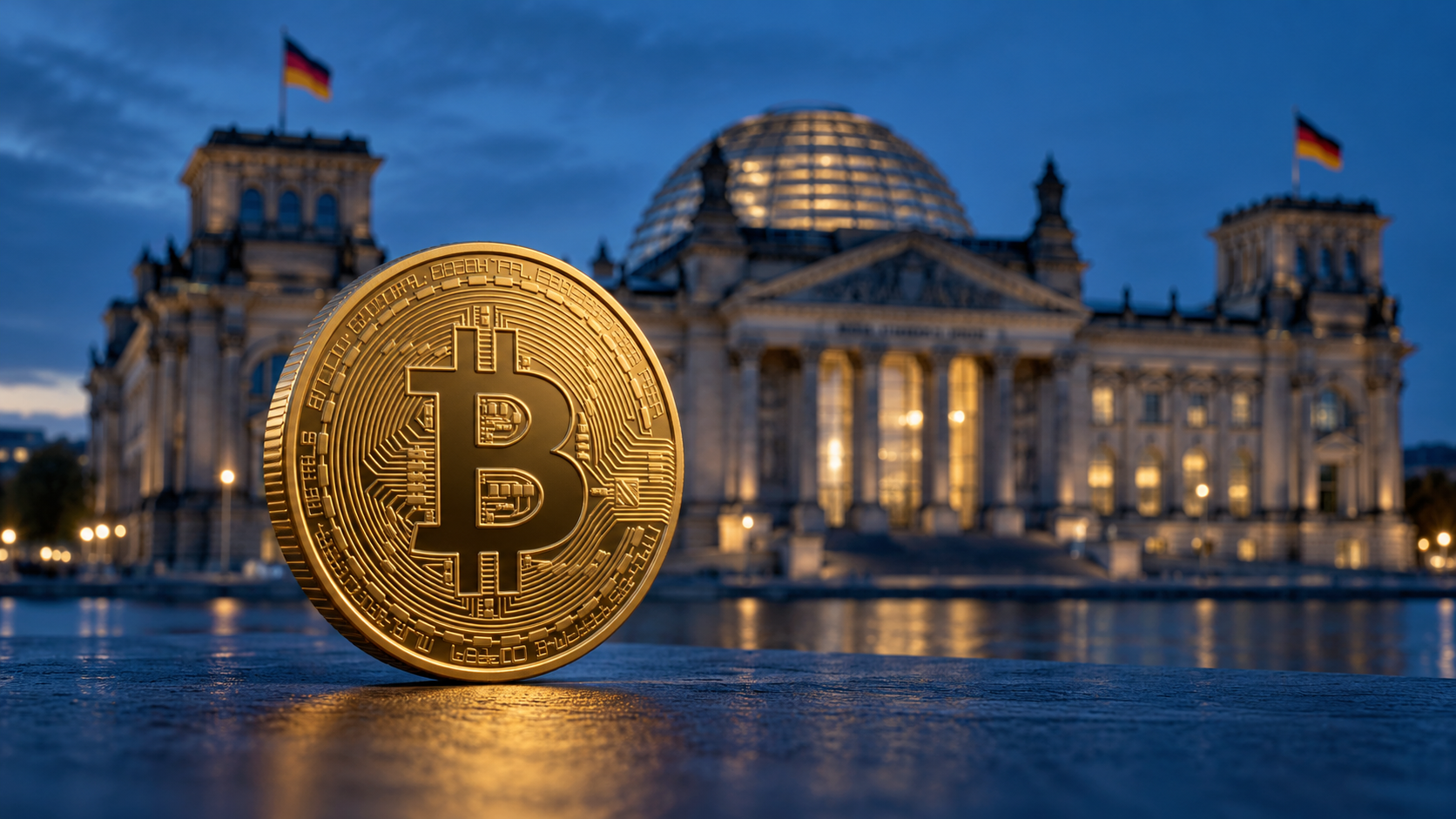 Goldene Bitcoin-Münze vor dem Reichstagsgebäude in Berlin bei Abendlicht.