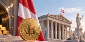 Österreich: Volksbegehren für Bitcoin-Reserve und Steuerfreiheit nimmt wichtige Hürde Goldene Bitcoin-Münze vor österreichischer Flagge und Parlament als Symbol für das Volksbegehren zur Bitcoin-Reserve und Steuerfreiheit