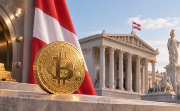 Österreich: Volksbegehren für Bitcoin-Reserve und Steuerfreiheit nimmt wichtige Hürde Goldene Bitcoin-Münze vor österreichischer Flagge und Parlament als Symbol für das Volksbegehren zur Bitcoin-Reserve und Steuerfreiheit