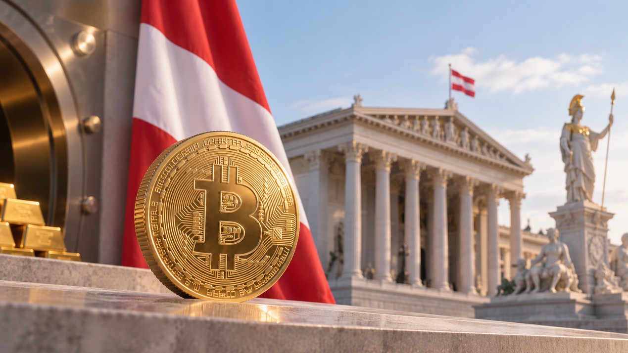 Goldene Bitcoin-Münze vor österreichischer Flagge und Parlament als Symbol für das Volksbegehren zur Bitcoin-Reserve und Steuerfreiheit