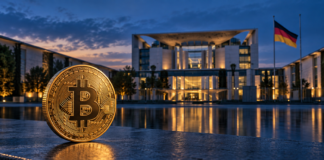 Goldene Bitcoin-Münze vor dem Bundeskanzleramt in Berlin bei Abendlicht.