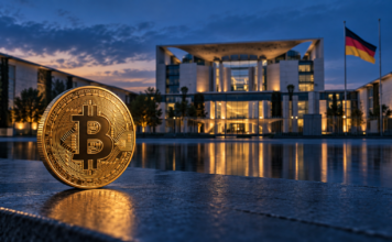 Goldene Bitcoin-Münze vor dem Bundeskanzleramt in Berlin bei Abendlicht.