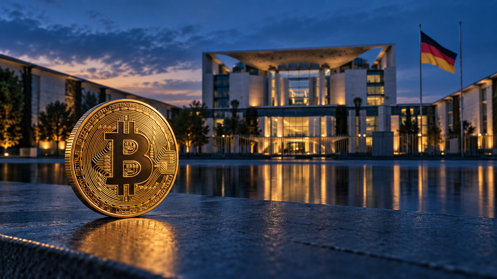 Goldene Bitcoin-Münze vor dem Bundeskanzleramt in Berlin bei Abendlicht.
