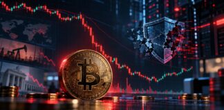 Bitcoin nach Binance-Hack unter Druck: Symbolbild mit fallendem Kurschart, großem Bitcoin und gebrochenem Sicherheitsschild.