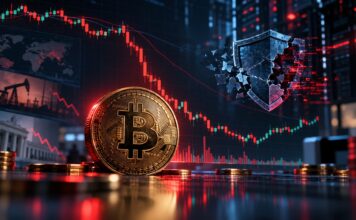 Bitcoin nach Binance-Hack unter Druck: Symbolbild mit fallendem Kurschart, großem Bitcoin und gebrochenem Sicherheitsschild.