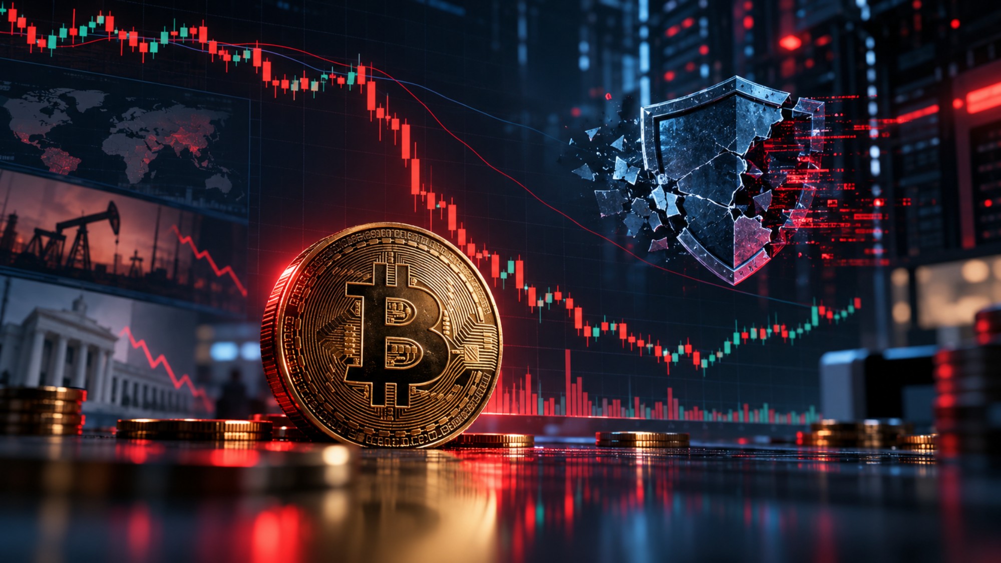 Bitcoin nach Binance-Hack unter Druck: Symbolbild mit fallendem Kurschart, großem Bitcoin und gebrochenem Sicherheitsschild.
