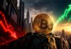 Bitcoin-Kurs vor Richtungsentscheidung: Goldene Bitcoin-Münze zwischen fallenden roten Börsencharts und steigenden grünen Kursen als Symbol für Korrektur oder Ausbruch.