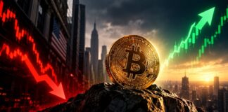 Bitcoin-Kurs vor Richtungsentscheidung: Goldene Bitcoin-Münze zwischen fallenden roten Börsencharts und steigenden grünen Kursen als Symbol für Korrektur oder Ausbruch.