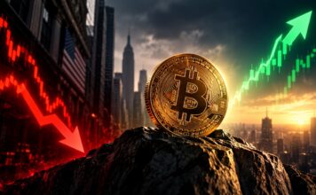 Bitcoin-Kurs vor Richtungsentscheidung: Goldene Bitcoin-Münze zwischen fallenden roten Börsencharts und steigenden grünen Kursen als Symbol für Korrektur oder Ausbruch.