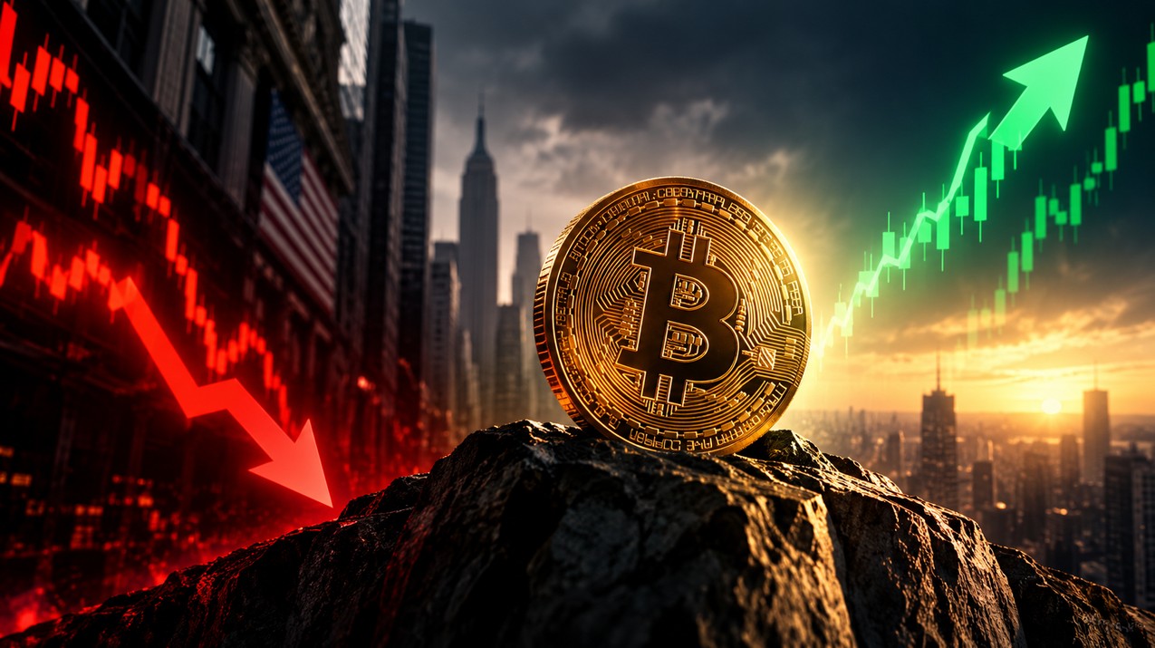 Bitcoin-Kurs vor Richtungsentscheidung: Goldene Bitcoin-Münze zwischen fallenden roten Börsencharts und steigenden grünen Kursen als Symbol für Korrektur oder Ausbruch.