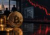 Bitcoin-Münze vor fallendem Kurschart in einem dunklen Handelsraum mit US-Kapitol im Hintergrund