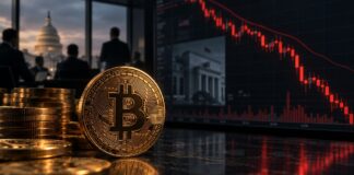 Bitcoin-Münze vor fallendem Kurschart in einem dunklen Handelsraum mit US-Kapitol im Hintergrund