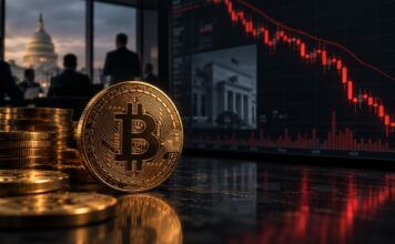 Bitcoin-Münze vor fallendem Kurschart in einem dunklen Handelsraum mit US-Kapitol im Hintergrund
