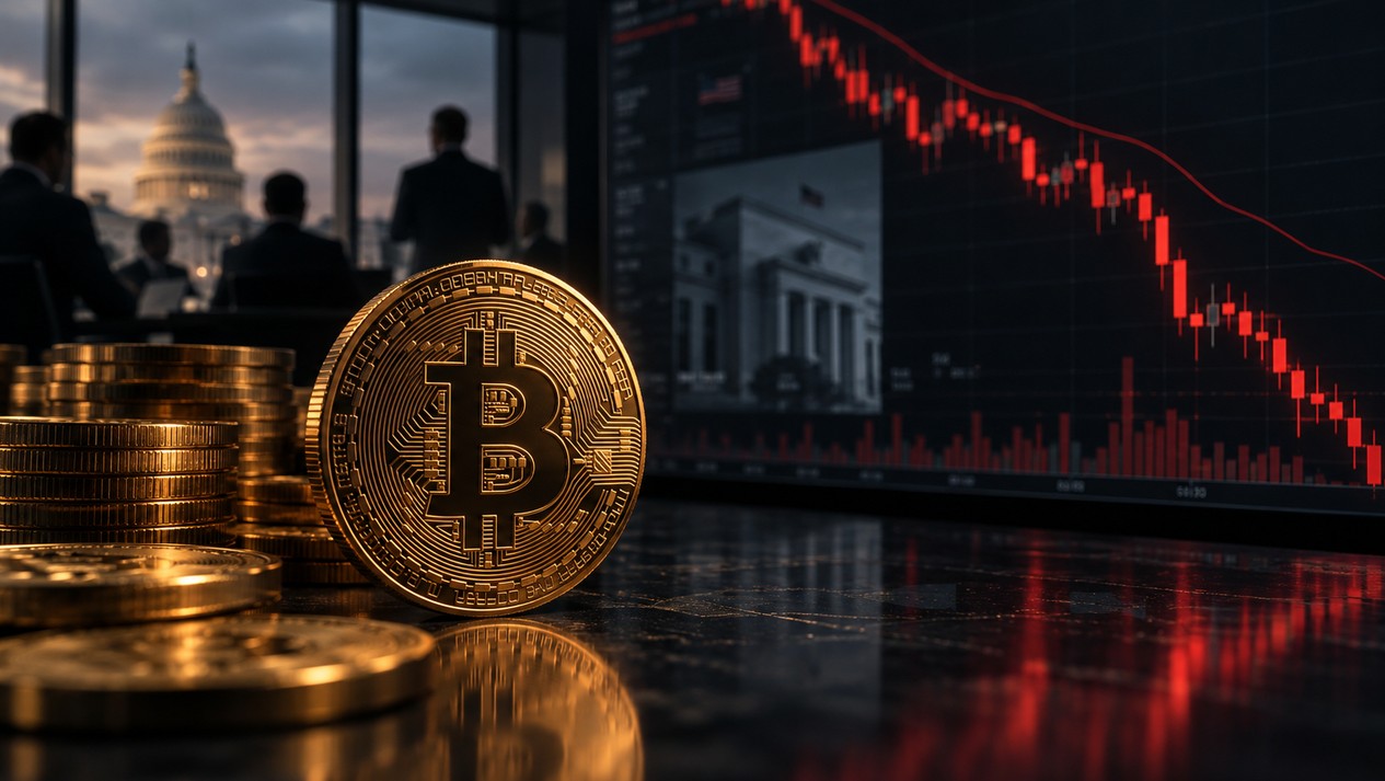 Bitcoin-Münze vor fallendem Kurschart in einem dunklen Handelsraum mit US-Kapitol im Hintergrund