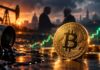 Goldene Bitcoin-Münze neben einem auslaufenden Ölfass. Im Hintergrund symbolisieren diplomatische Gespräche zwischen den USA und dem Iran sowie steigende Kurskerzen die Auswirkungen geopolitischer Spannungen auf den Bitcoin-Kurs.