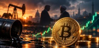 Goldene Bitcoin-Münze neben einem auslaufenden Ölfass. Im Hintergrund symbolisieren diplomatische Gespräche zwischen den USA und dem Iran sowie steigende Kurskerzen die Auswirkungen geopolitischer Spannungen auf den Bitcoin-Kurs.