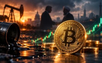 Goldene Bitcoin-Münze neben einem auslaufenden Ölfass. Im Hintergrund symbolisieren diplomatische Gespräche zwischen den USA und dem Iran sowie steigende Kurskerzen die Auswirkungen geopolitischer Spannungen auf den Bitcoin-Kurs.