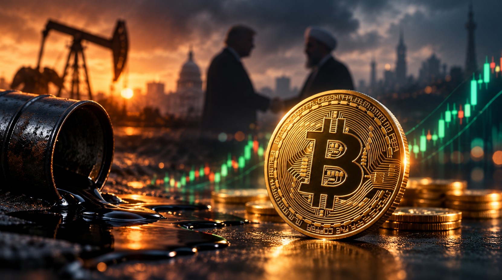 Goldene Bitcoin-Münze neben einem auslaufenden Ölfass. Im Hintergrund symbolisieren diplomatische Gespräche zwischen den USA und dem Iran sowie steigende Kurskerzen die Auswirkungen geopolitischer Spannungen auf den Bitcoin-Kurs.