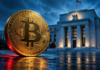 Goldene Bitcoin-Münze vor einem stilisierten Gebäude der US-Notenbank in blauem Licht.