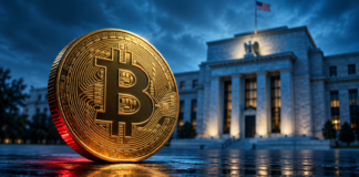 Goldene Bitcoin-Münze vor einem stilisierten Gebäude der US-Notenbank in blauem Licht.