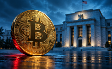 Goldene Bitcoin-Münze vor einem stilisierten Gebäude der US-Notenbank in blauem Licht.