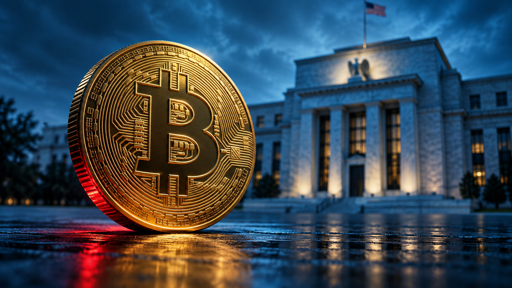 Goldene Bitcoin-Münze vor einem stilisierten Gebäude der US-Notenbank in blauem Licht.
