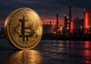 Goldene Bitcoin-Münze vor einer Ölraffinerie mit dunkelroter Beleuchtung.