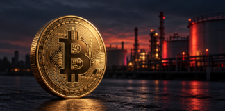 Bitcoin in Gefahr: Ölpreis explodiert, Nasdaq stürzt ab – was jetzt droht Goldene Bitcoin-Münze vor einer Ölraffinerie mit dunkelroter Beleuchtung.