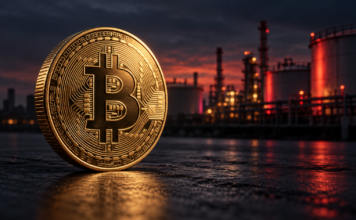 Bitcoin in Gefahr: Ölpreis explodiert, Nasdaq stürzt ab – was jetzt droht Goldene Bitcoin-Münze vor einer Ölraffinerie mit dunkelroter Beleuchtung.