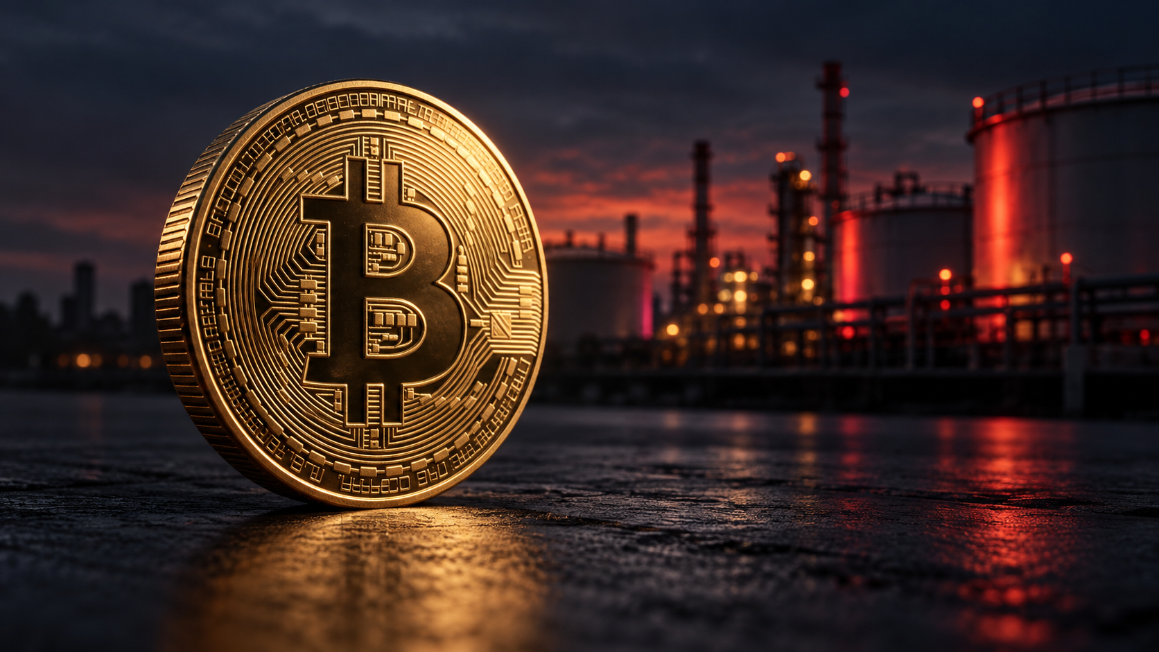 Goldene Bitcoin-Münze vor einer Ölraffinerie mit dunkelroter Beleuchtung.