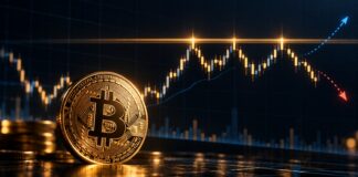 Bitcoin vor Chart mit Widerstandszone und möglichem Ausbruch oder Rücksetzer.