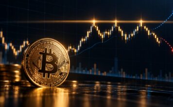 Bitcoin vor Chart mit Widerstandszone und möglichem Ausbruch oder Rücksetzer.