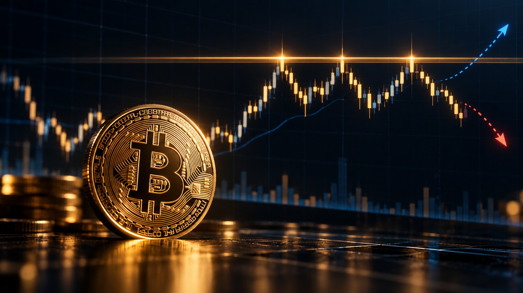 Bitcoin vor Chart mit Widerstandszone und möglichem Ausbruch oder Rücksetzer.