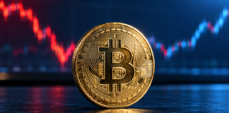 Bitcoin-Kurs am Scheideweg: 79.000 oder 90.000 USD als nächstes Ziel? Goldene Bitcoin-Münze vor einem unscharfen Kursverlauf mit Rücksetzer und anschließender Erholung.